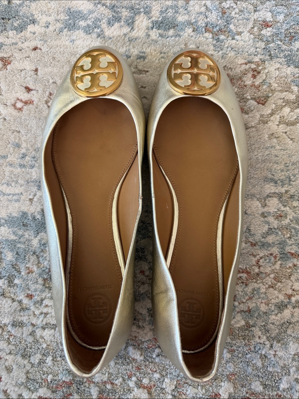 Tory Burch Metallic Champagne Logo Ballet Flats